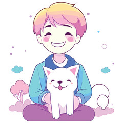 A smiling schoolboy and his happy pet basking in the beautiful pastel sky 