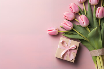 Beautiful Mothers Day or Valentines Day background or banner. Flowers and presents with copy space