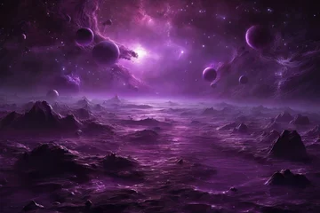 Rolgordijnen Magic depths of space as abstract background. Vibrant red violet colors. Fabulous landscape of night sky with planets and stars © silent312