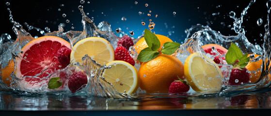 Close-up of ripe, fresh citrus fruits like orange, lemon, and lime splashing water.