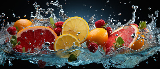 Close-up of ripe, fresh citrus fruits like orange, lemon, and lime splashing water.