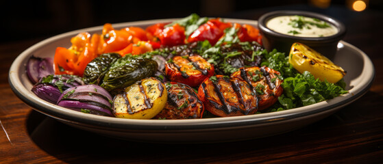 Grilled vegetable assortment with zucchini, bell peppers, and mushrooms, served on a wooden plate.