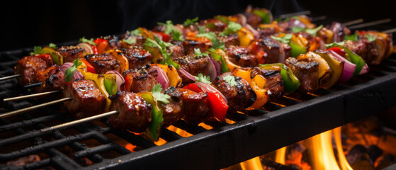 Close-up of sizzling meat kebabs on skewers, with vegetables and smoke in the background.