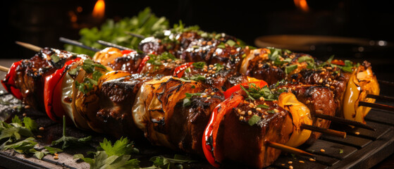 Juicy shashlik skewers grilling over hot coals, with a mix of marinated beef and pork. - obrazy, fototapety, plakaty