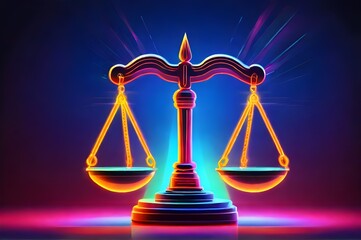Close up detail of the scales of justice. Scales for weighing, libra, justice isolated on neon background. International Justice Day July 17. Legal social justice concept. Black truth balancing
