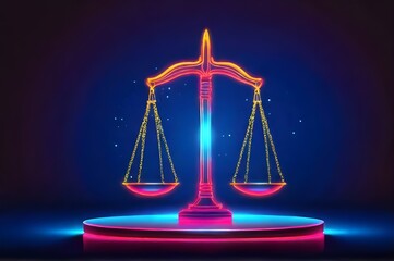 Close up detail of the scales of justice. Scales for weighing, libra, justice isolated on neon background. International Justice Day July 17. Legal social justice concept. Black truth balancing