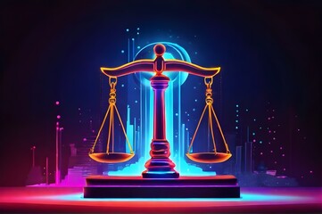 Close up detail of the scales of justice. Scales for weighing, libra, justice isolated on neon background. International Justice Day July 17. Legal social justice concept. Black truth balancing - obrazy, fototapety, plakaty