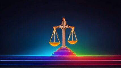 Close up detail of the scales of justice. Scales for weighing, libra, justice isolated on neon background. International Justice Day July 17. Legal social justice concept. Black truth balancing