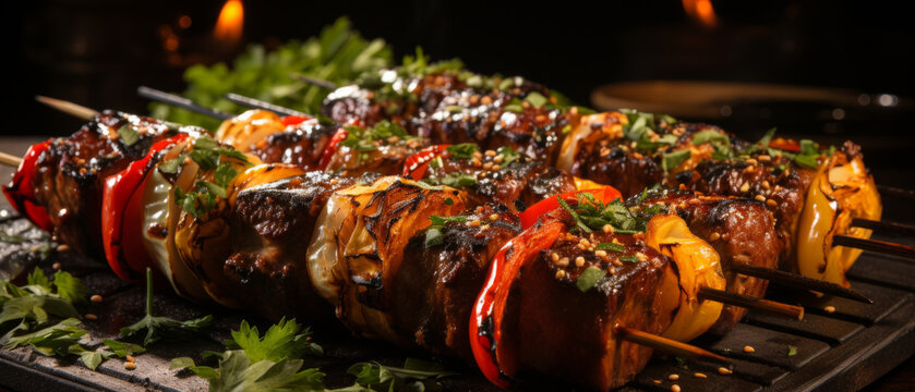 Juicy shashlik skewers grilling over hot coals, with a mix of marinated beef and pork.