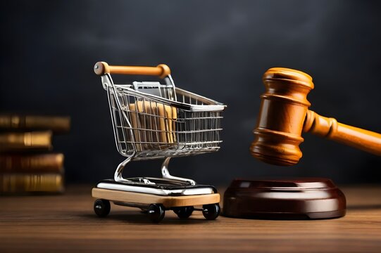 World consumer rights day march 10 Shopping cart and judge gavel for consumer rights concept. International Justice Day July 17. Legal social justice concept. Perfect for poster banner template design