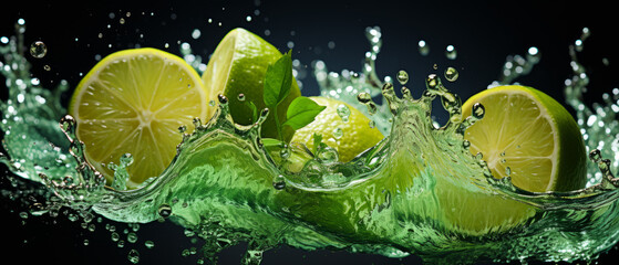 Dynamic splash of water around a fresh lime slice, emphasizing the fruit's juicy, sour taste and healthy properties.