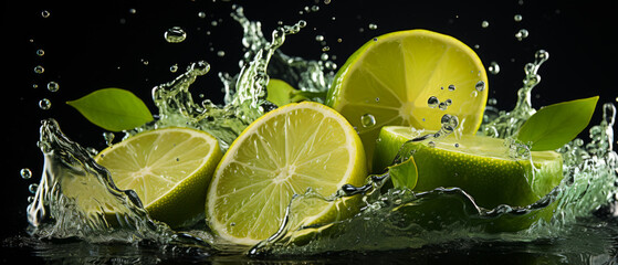 Dynamic splash of water around a fresh lime slice, emphasizing the fruit's juicy, sour taste and healthy properties.