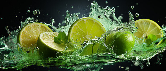 Green lime falling into blue water, creating a vibrant splash.
