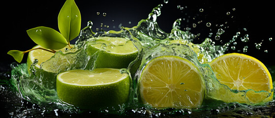 Close-up of ripe lime with water droplets and bubbles on a dark background, highlighting its natural freshnes.