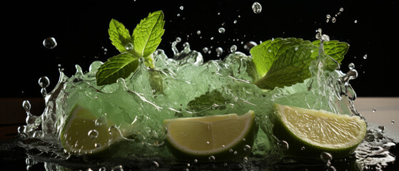 Close-up of a juicy lime slice falling into clear water, creating bubbles.
