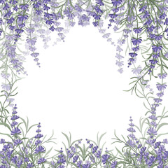 Floral purple-lavender border made of lavender flowers and leaves, for the design of postcards, invitations, banners, packaging and wallpaper. A frame for your design. Vector illustration