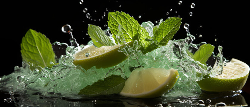Refreshing image of fresh lime slices with splashing water and ice.