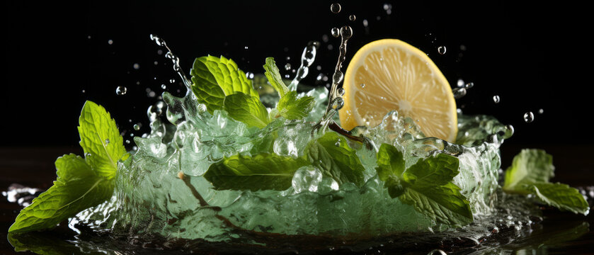 Refreshing image of fresh lime slices with splashing water and ice.