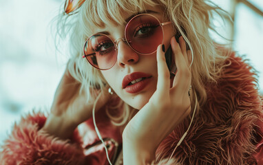 A blond woman, wearing red sunglasses and a pink fur coat, converses on a mobile phone - obrazy, fototapety, plakaty