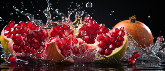 Fototapeta premium Close-up of a ripe, open pomegranate with seeds, set against a dark background.