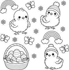 Set of kawaii little chicks, basket of eater eggs and rainbow coloring page. Easter colouring book
