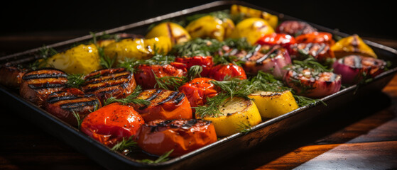 Delicious grilled vegetables including zucchini, bell peppers, and tomatoes, beautifully arranged on a rustic table.