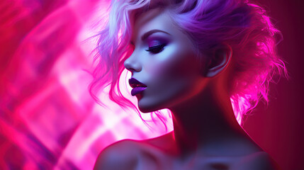 Obraz premium Striking Woman with Blonde Hair in Pink Neon Lights