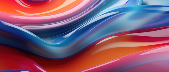 Close-up of an abstract 3D plastic shape with vibrant waves and curves on a dynamic background.