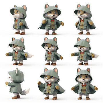 Adorable 3D little gray wolf character in various poses, expressions, and cute gray attire with a hat. Perfect for children's book illustrations. Playful and charming stock photo collection