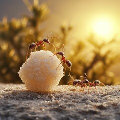 ant carrying sugar on ground