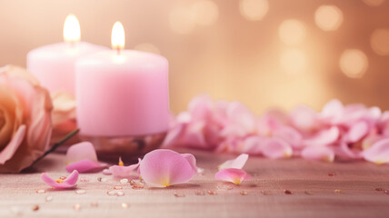 Fototapeta na wymiar Spa Concept with Aromatic Candles massage copy space banner in pink pastel colors decorated with flowers,