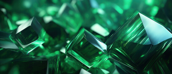 Closeup of a 3D abstract glass structure, featuring transparent, crystal-like shapes in shades of green.
