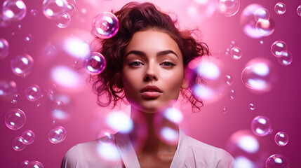 Young Woman with Glowing Bubbles on a Pink Background