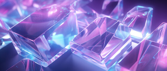 Futuristic 3D glass crystal close up, featuring iridescent facets in purple and blue hues. - obrazy, fototapety, plakaty