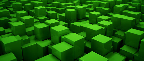 Bright, acid green cube blocks in a 3D layout, creating a dynamic, geometric backdrop.