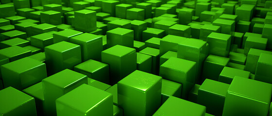 Fototapeta na wymiar Bright, acid green cube blocks in a 3D layout, creating a dynamic, geometric backdrop.