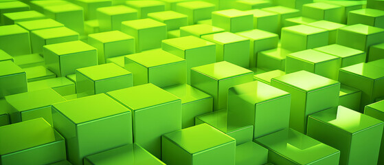 Minimalist 3D polygon cubes in acid green, creating a clean, geometric backdrop.
