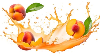Peaches with splashes of juice close-up, isolated on a white background