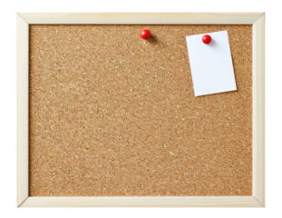 Bulletin board with blank white paper note isolated on trasnparent background