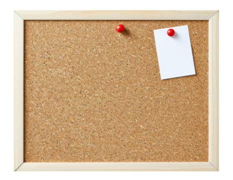 Bulletin board with blank white paper note isolated on trasnparent background