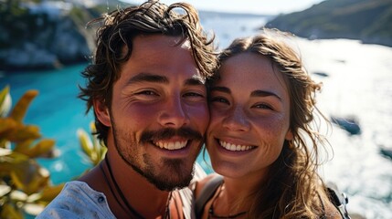 Happy Couple Taking Selfie On Sunny Coastal Vacation.