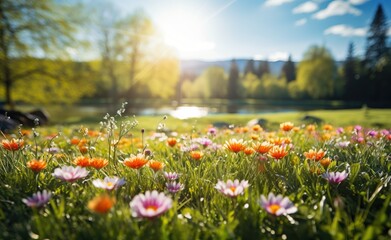 Fototapeta premium Beautiful spring flowers in the meadow. Springtime landscape.