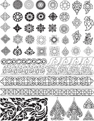 Line Thai set ornament flora graphic design. Thai Definition and Thai painting vector set. Black and white logo or icon collections illustration. Set of vintage vector ornament, icons and labeles.Thai