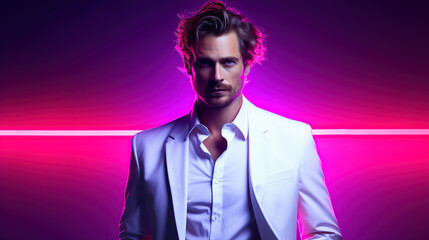 Fototapeta premium Stylish Young Man in Suit with Neon Lights Background