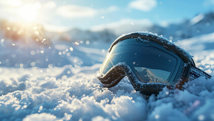 Ski goggles in the snow. Extreme winter sports. - obrazy, fototapety, plakaty