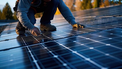 A technician installs solar panels on a roof during sunset