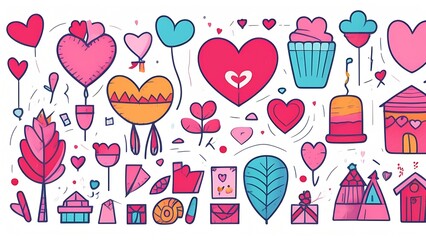 Valentine's Day. small icons of hearts, dots, gifts. set of elements for the holiday. card with place for text.
