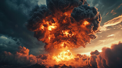 A dramatic large nuclear explosion mushroom cloud fireball explosion, explosive destruction theme

 - obrazy, fototapety, plakaty