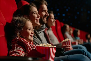 Obraz na płótnie Canvas Happy family with popcorn in the cinema auditorium. AI generative
