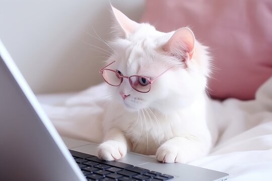 Cute smart cat in glasses works with a laptop. AI generative